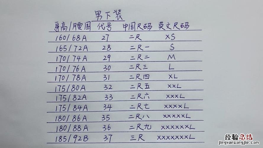 裤子尺码对照表