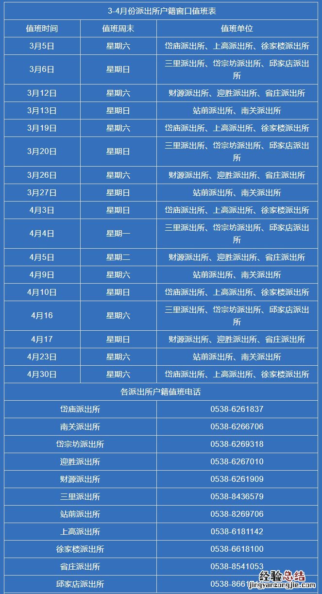 泰安市公安局泰山分局3-4月份派出所户籍窗口值班表