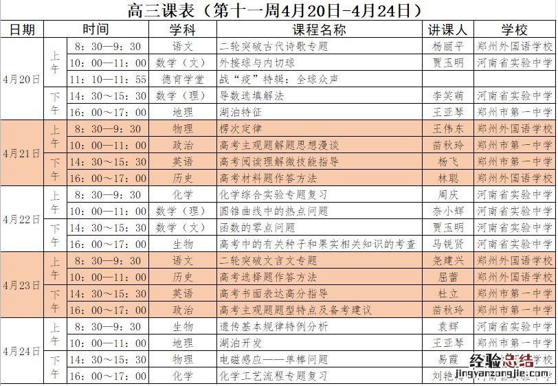 河南名校同步课堂第十一周高中课程表