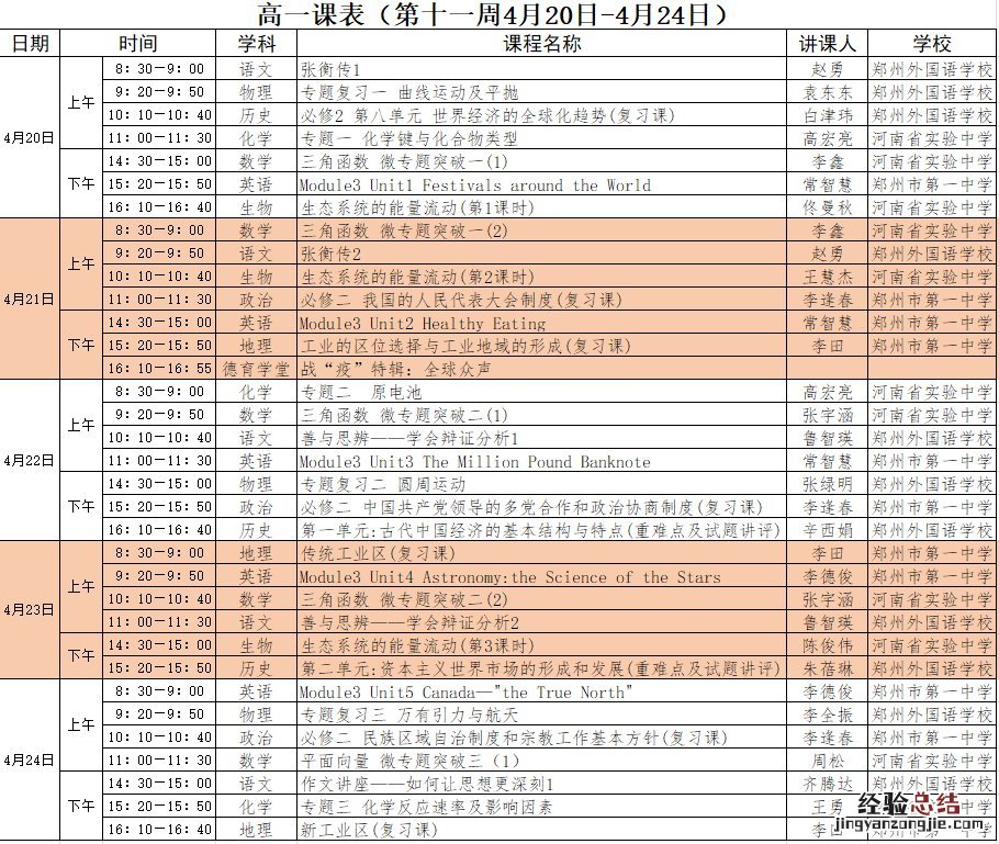 河南名校同步课堂第十一周高中课程表