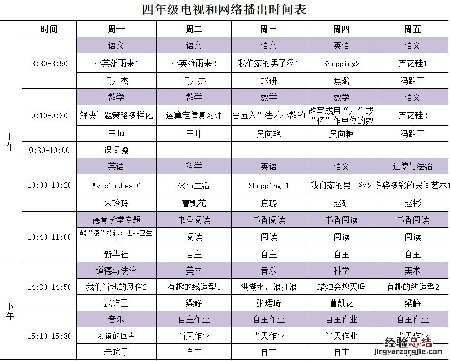 河南名校同步课堂第十一周小学课程表