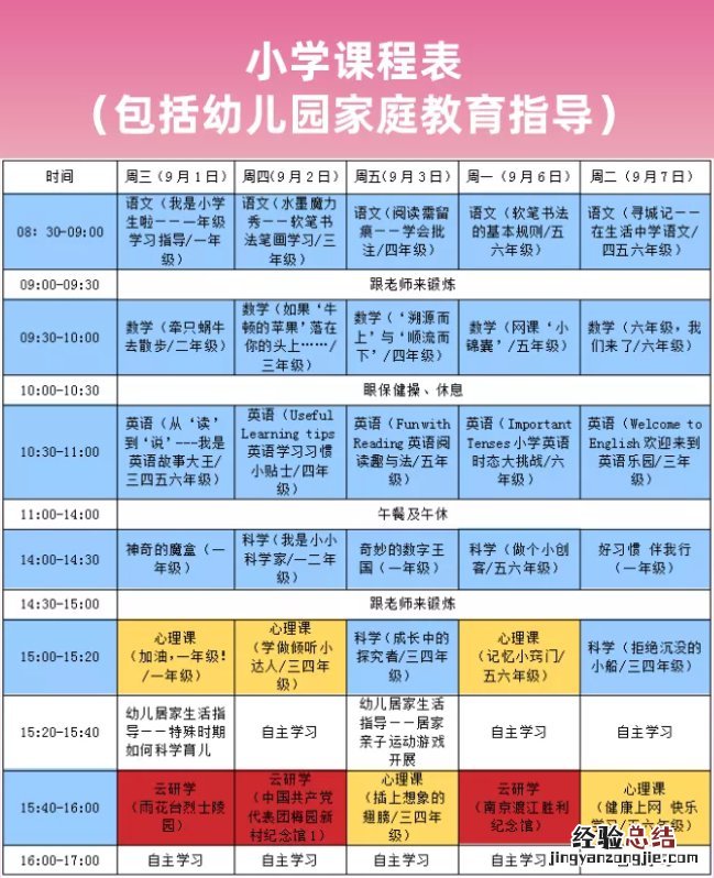 南京小学生课程表时间安排 南京各年级网课安排+内容+课表