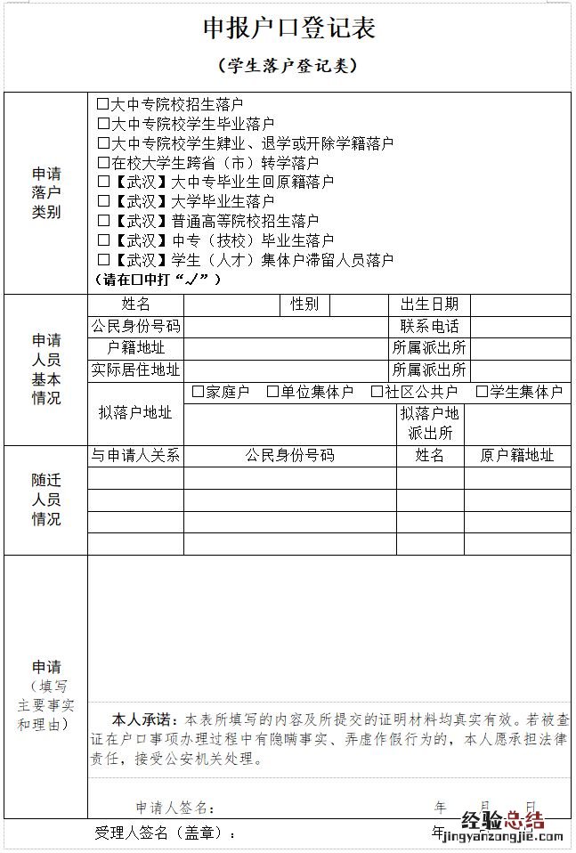 武汉大学生落户网上申请 武汉大学生落户申请表模板下载